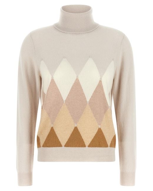 Ballantyne White 'New Diamond' Turtleneck Sweater With Diamond Intarsia