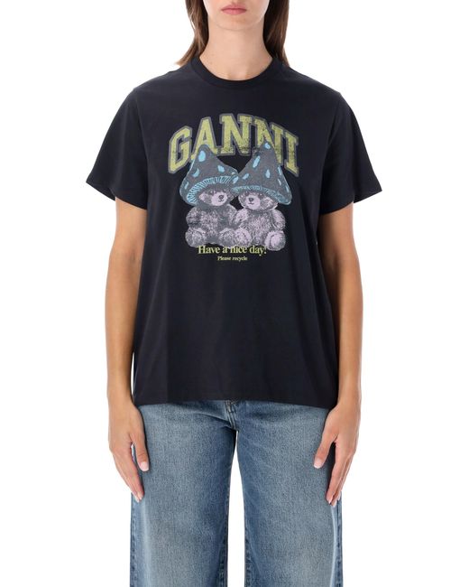 Ganni Black Basic Tshirt Ss Relaxed Teddy Mushrooms