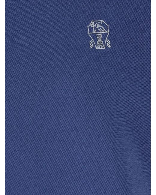 Brunello Cucinelli Blue Cotton Polo Shirt With Printed Logo for men