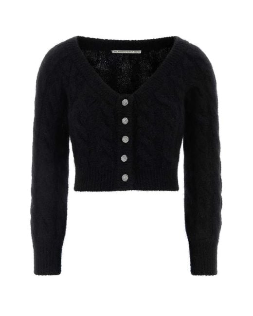 Alessandra Rich Black Mohair Blend Sequin Cable Knit Off-Shoulder Top