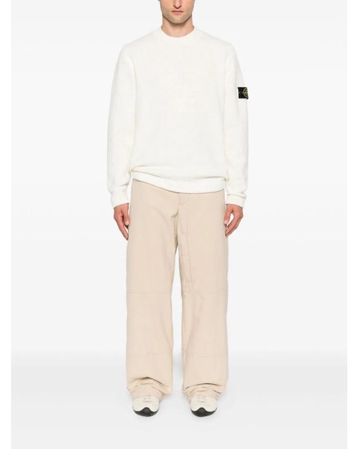 Stone Island White Ribbed Crewneck Sweater for men