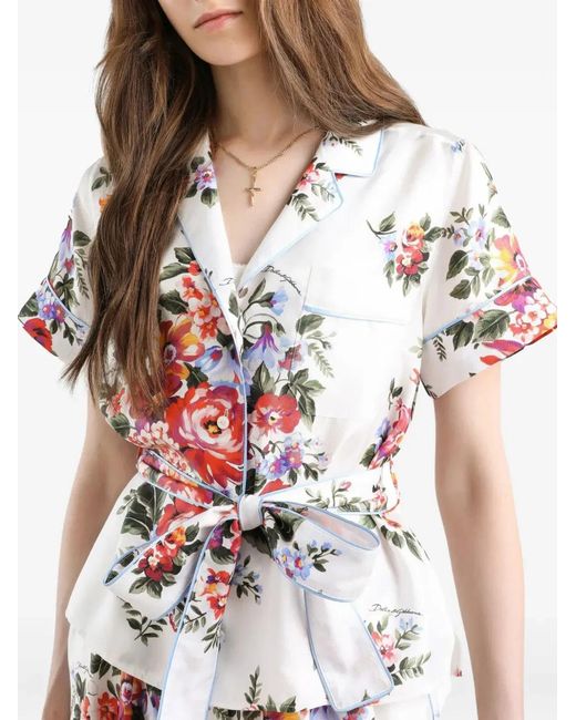 Dolce & Gabbana White Dolce & Gabbana Silk Kimono Shirt With Floral Print