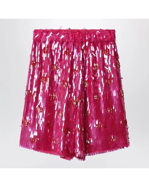 Dries Van Noten Red Fuchsia Silk Bermuda Shorts With Sequins