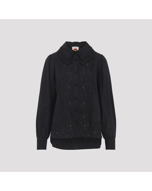 Farm Rio Blue Ebroidered Long Sleeve Cotton Shirt