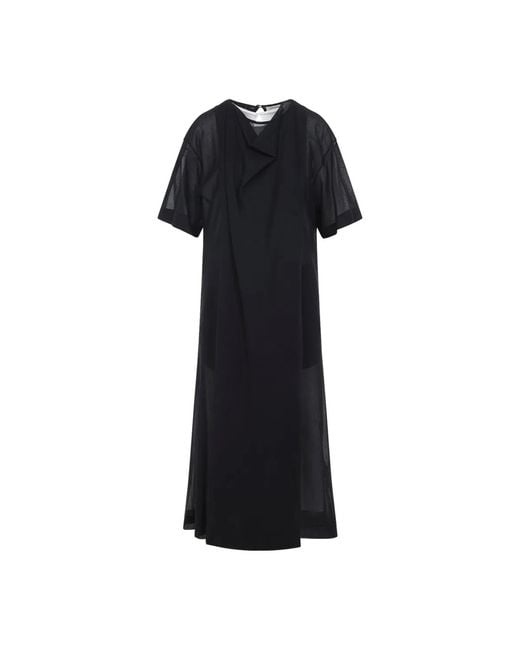 Carven Black Sheer Draped Cotton Midi Dress
