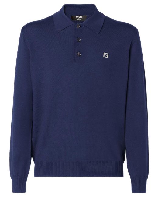 Fendi Blue Wool Polo Shirt for men