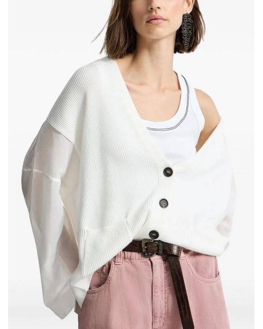 Brunello Cucinelli White Ribbed Cardigan With Organza Sleeves