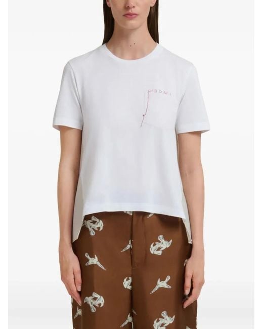 Marni White Cotton T-Shirt With Embroidered Logo