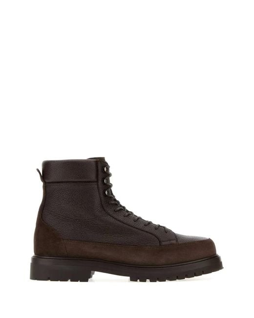 Brunello Cucinelli Brown Grained Leather And Suede Lace-Up Boots for men