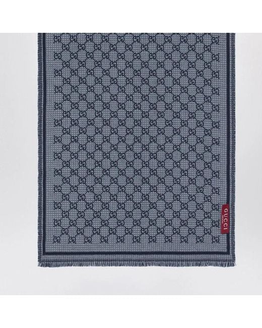 Gucci Blue Logo Patterned Fringed Scarf for men