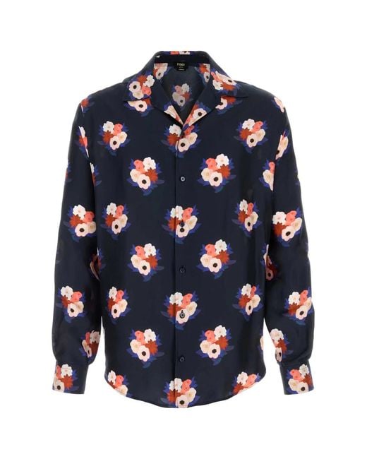 Fendi Blue Printed Silk Shirt for men