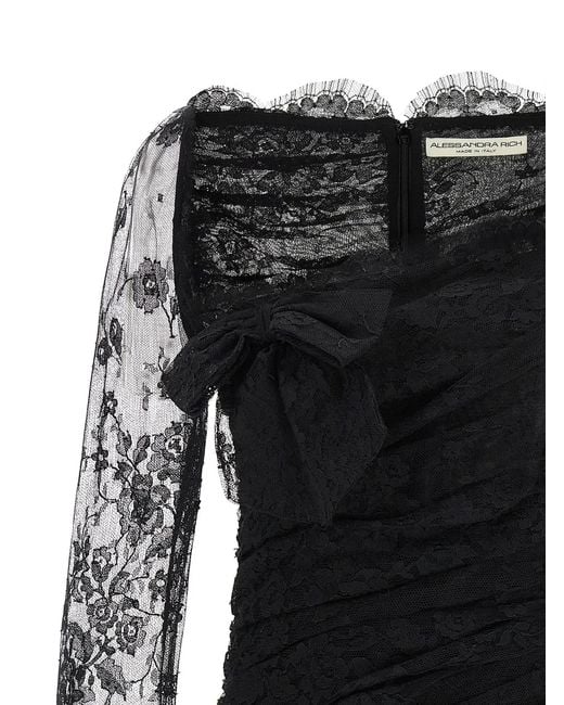 Alessandra Rich Black Draped Lace Mini Dress With Plunging Neckline