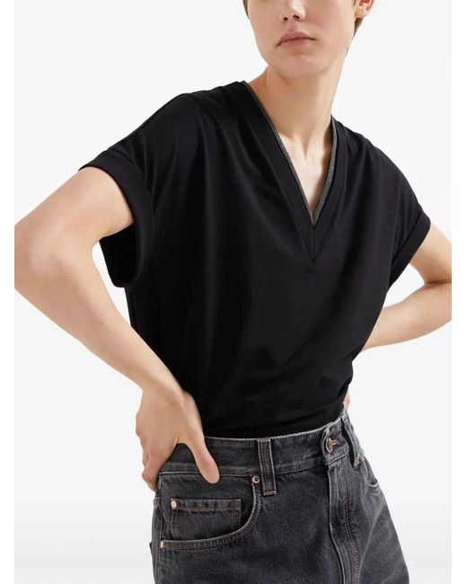 Brunello Cucinelli Black Monili Trim V-Neck Cotton T-Shirt