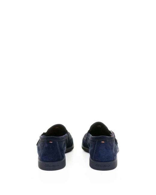 Santoni Blue Double Buckle Suede Moccasin for men