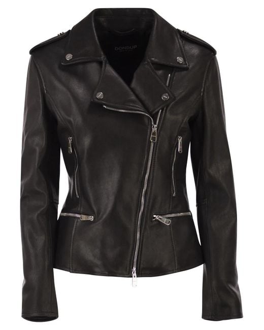 Dondup Black Lamb Leather Biker Jacket With Asymmetric Zip