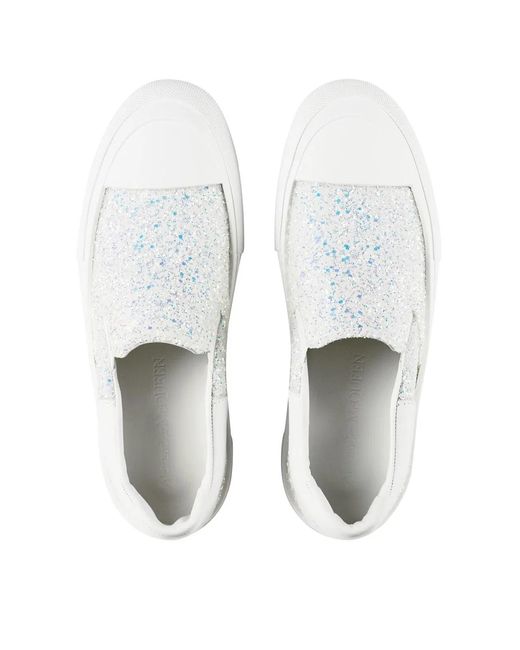McQueen White Deck Plimsoll Glitter Slip On Sneakers