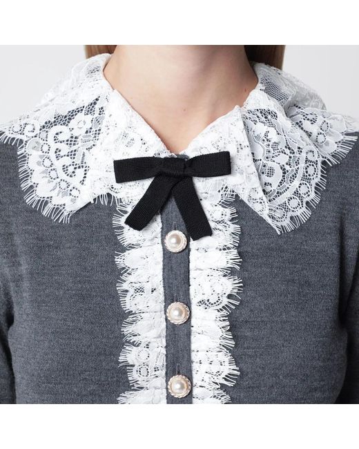 Self-Portrait Blue Knitted Wool Cardigan With Lace Collar
