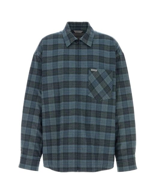 Balenciaga Blue Embroidered Flannel Oversize Shirt for men