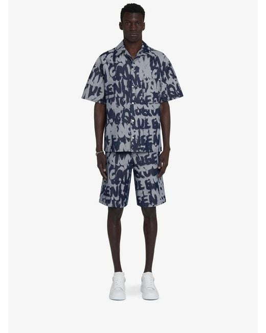 McQueen Blue Denim Shorts Graffiti for men