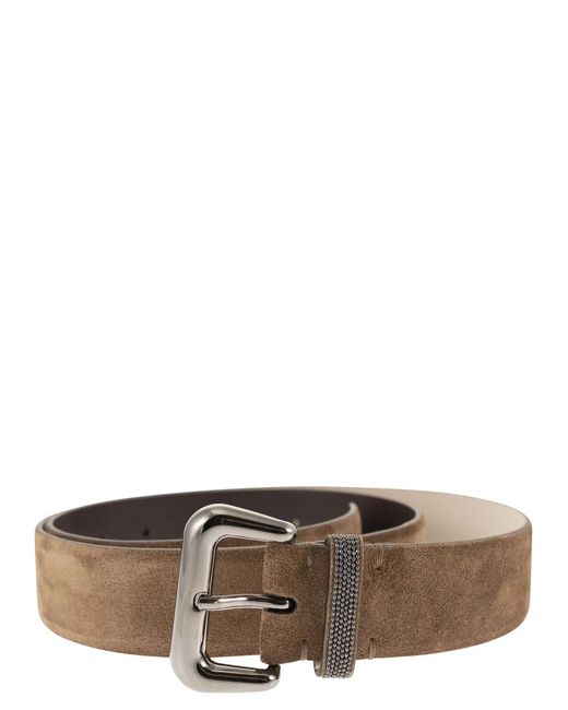 Brunello Cucinelli Brown Suede Leather Belt With Jewelled Keeper