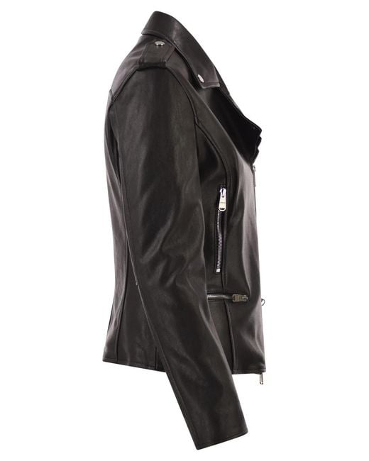 Dondup Black Lamb Leather Biker Jacket With Asymmetric Zip