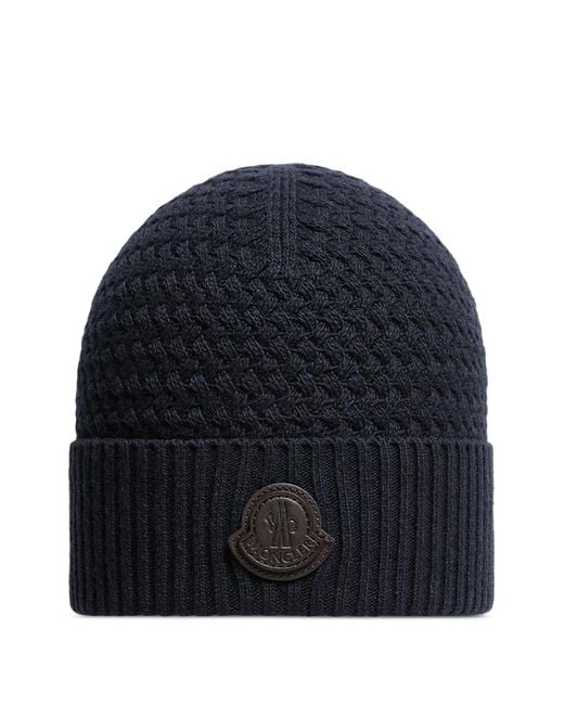 Moncler Blue Logo-Patch Cable-Knit Beanie Hat for men