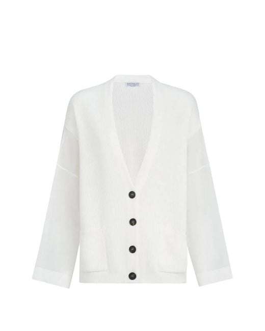 Brunello Cucinelli White Ribbed Cardigan With Organza Sleeves