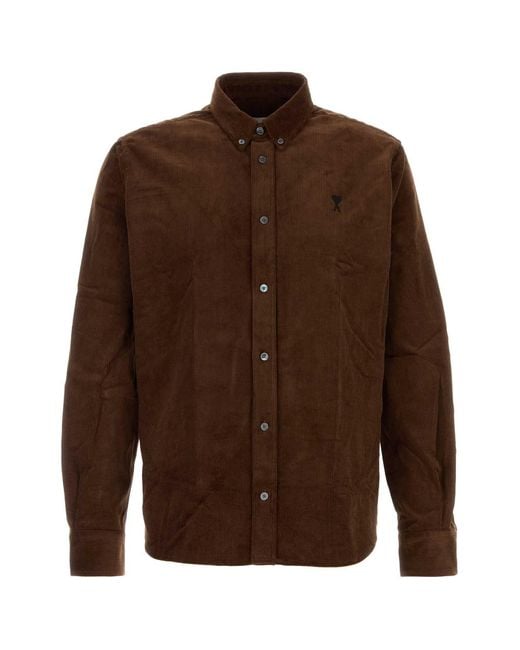 AMI Brown Soft Cotton Corduroy Shirt for men