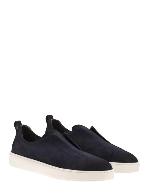 Santoni Blue Suede Leather Slip-On Trainers With Rubber Sole for men