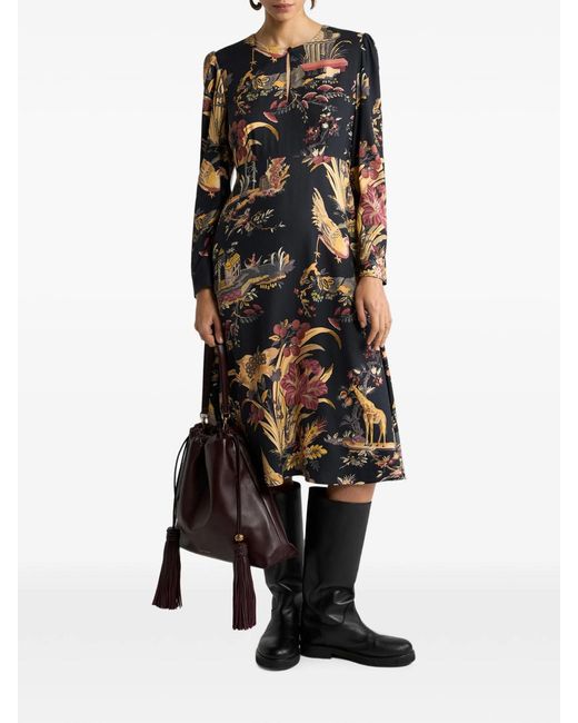 Etro Black Crepe Midi Dress With Flower And Animal Motif