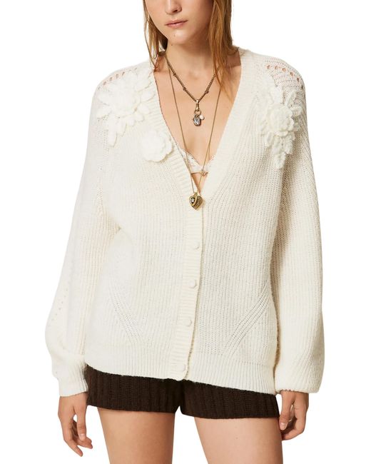 Twinset White Cardigan With Crochet Flowers