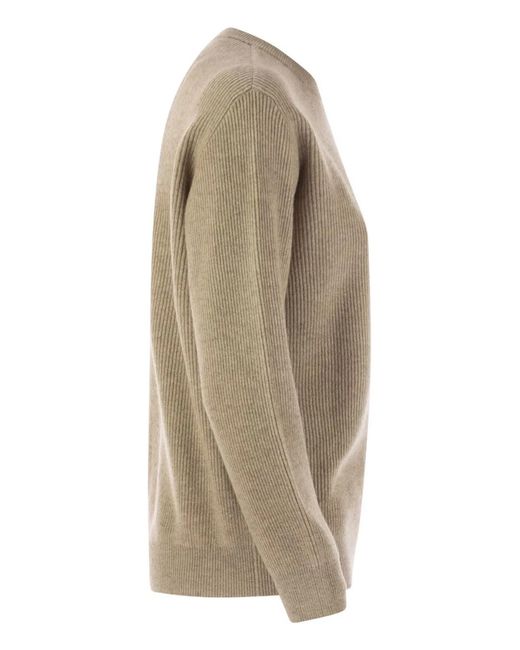 Brunello Cucinelli Natural English Rib Cashmere Sweater With Monile