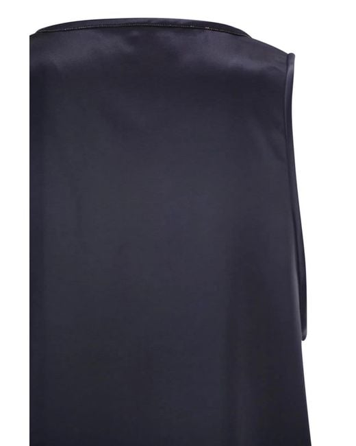 Brunello Cucinelli Blue Stretch Silk Satin Crew Neck Top