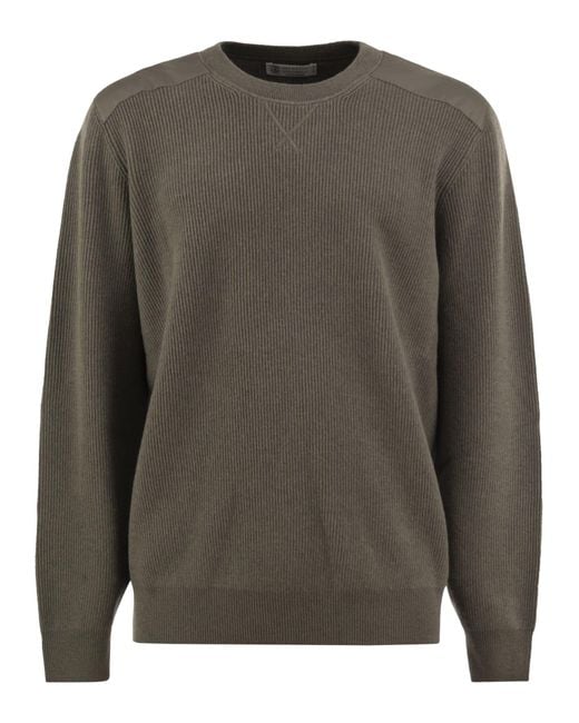 Brunello Cucinelli Gray Pure Cashmere Ribbed Crew-Neck Sweater With Cotton Details for men