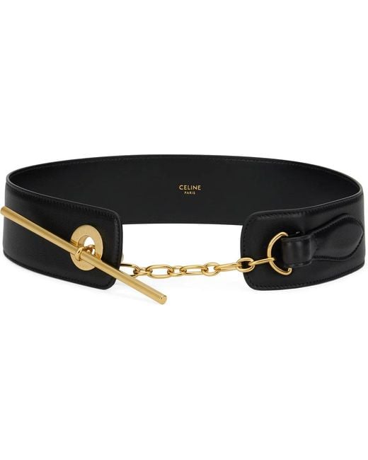 Céline Black Leather Belt With Golden Buckle