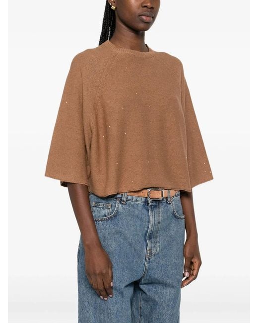 Fabiana Filippi Brown Boxy Cotton And Linen Sweater With Subtle Luminous Accents