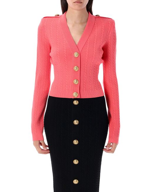 Balmain Pink Long Sleeves Ribbed And Cable-Knit Cardigan