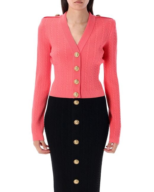 Balmain Pink Long Sleeves Ribbed And Cable-Knit Cardigan