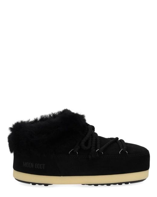 Moon Boot Black Evx Suede Mules With Sheepskin Trim