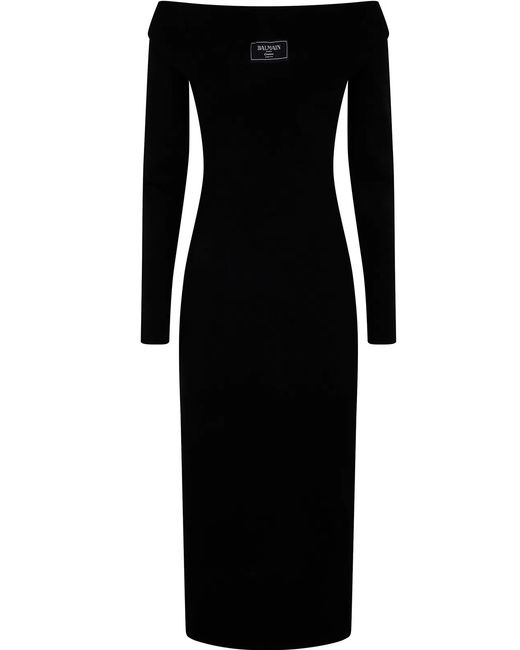 Balmain Black Ls Double Collar Knit Zipped Midi Dress