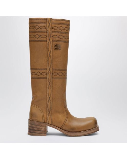 Miu Miu Brown Embroidered Leather Boots