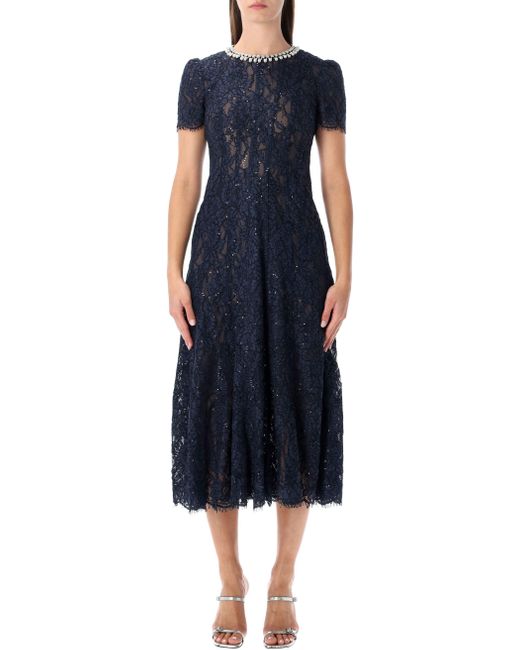 Self-Portrait Blue Lace Midi Dress With Pearl And Crystal Embellished Collar