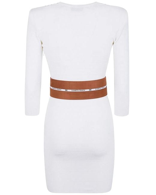 Elisabetta Franchi White Knit Fabric Dress With Striped Bands