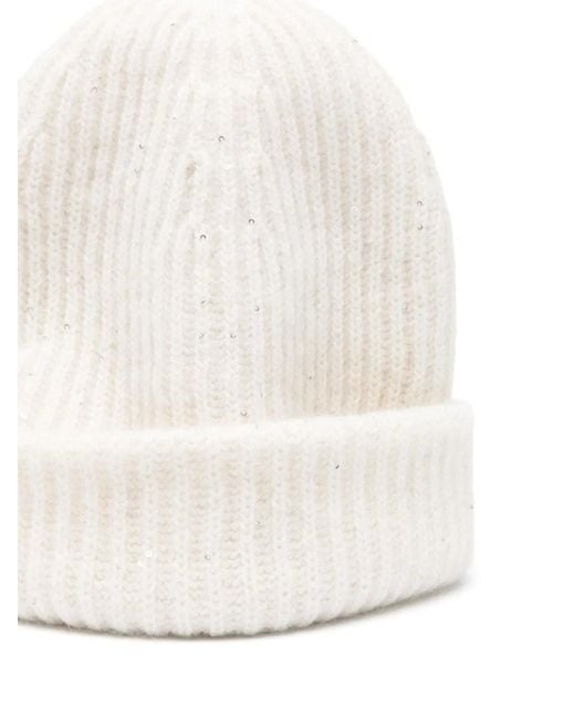 Fabiana Filippi White Ribbed Knit Sequin Embellished Hat