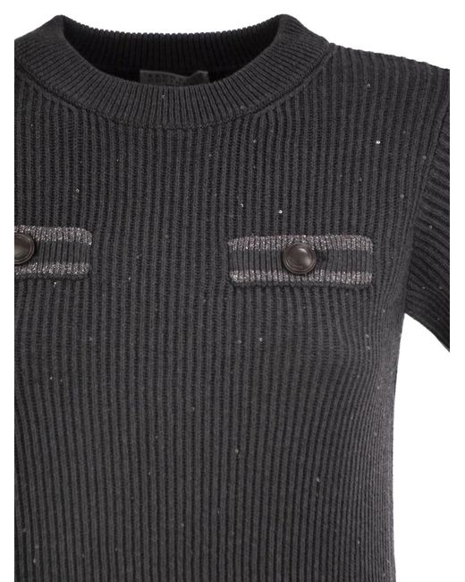Brunello Cucinelli Black Ribbed Knit Dress With Sequins And Patch Pockets