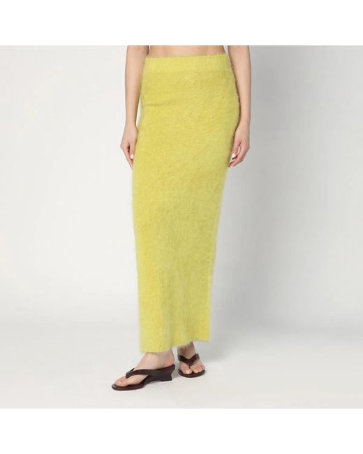 Soft Goat Yellow Long Lime-Coloured Brushed Cashmere Skirt