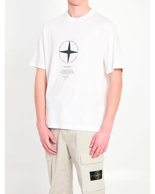 Stone Island White Regular Fit T-Shirt With “Light Compass” Print for men
