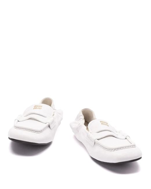 Miu Miu White Ruches Nappa Leather Loafers