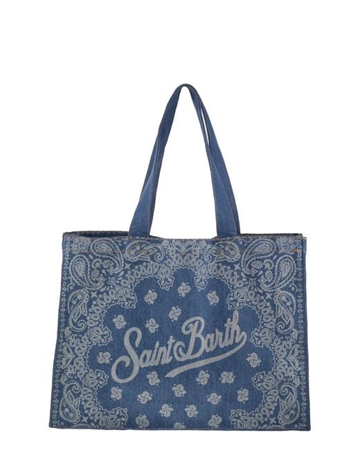 Mc2 Saint Barth Blue Denim Beach Tote Bag With Bandana Print