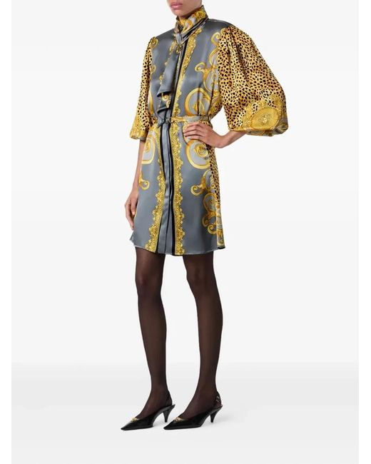 Versace Blue Dress Cheetah Foulard On Silk Crepe Satin Lw